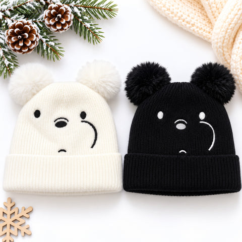 Pack of 2 Woolen Baby Caps –  Black & White | Pom Pom Bear | 3-6 Years