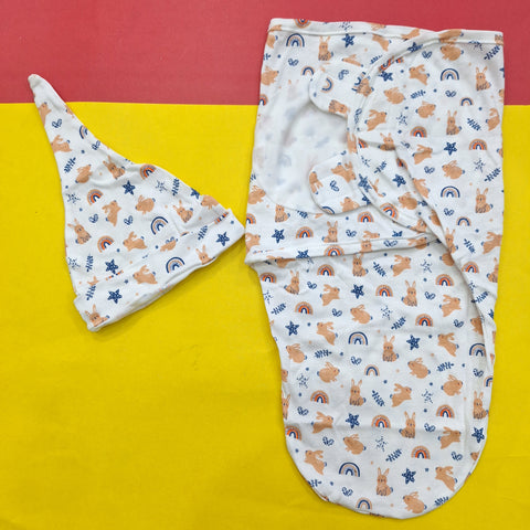 Swaddle with Cap - Navy & Brown - Rabbit & Stars