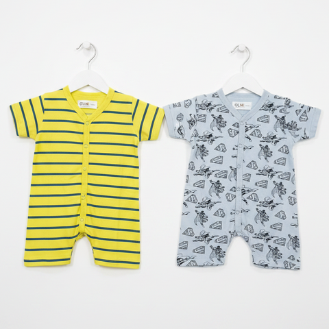 Cotton Jersey Short Leg Rompers - Pack of 2 - Lemon Stripes & Sky Hero - LUJ - OLINI