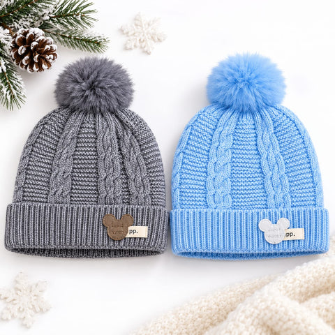 Pack of 2 Woolen Baby Caps –  Blue & Grey | Pom Bear | 6-18 Months