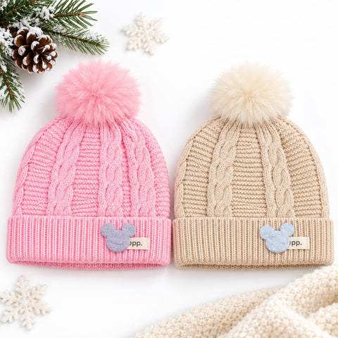 Pack of 2 Woolen Baby Caps –  Skin & Pink | Pom Cute Bear | 6-18 Months