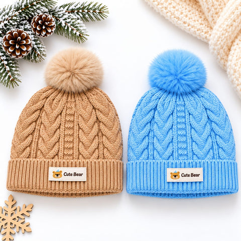 Pack of 2 Woolen Baby Caps –  Blue & Brown | Pom Cute Bear | 6-18 Months