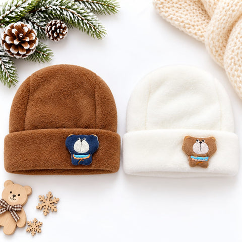 Pack of 2 Velvet Baby Caps –  Brown & White | Character | 0-6 Months