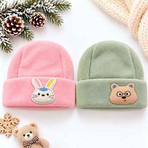 Pack of 2 Velvet Baby Caps –  Green & Pink | Character | 0-6 Months