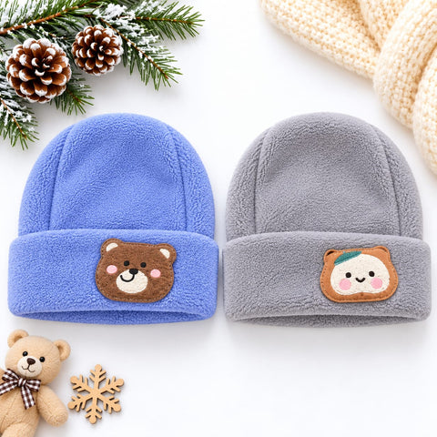 Pack of 2 Velvet Baby Caps –  Blue & Grey | Character | 0-6 Months