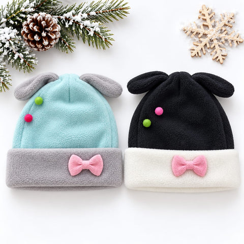 Pack of 2 Velvet Baby Caps –  Blue & Black | Bow | 0-6 Months