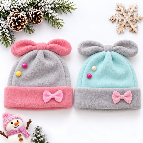 Pack of 2 Velvet Baby Caps –  Grey & Blue | Bow | 0-6 Months