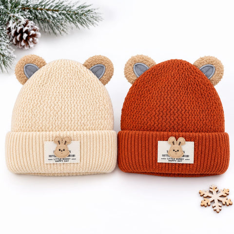 Pack of 2 Woolen Baby Caps –  Rust & Cream | Little Bunny | 1-4 Years