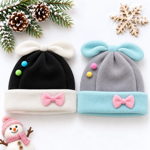 Pack of 2 Velvet Baby Caps –  Grey & Black | Bow | 0-6 Months