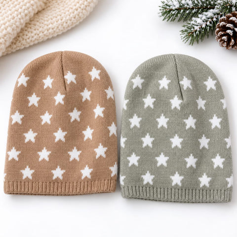 Pack of 2 Woolen Baby Caps –  Brown & Grey | Stars | 6-18 Months