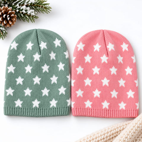 Pack of 2 Woolen Baby Caps –  Green & Pink | Stars | 6-18 Months