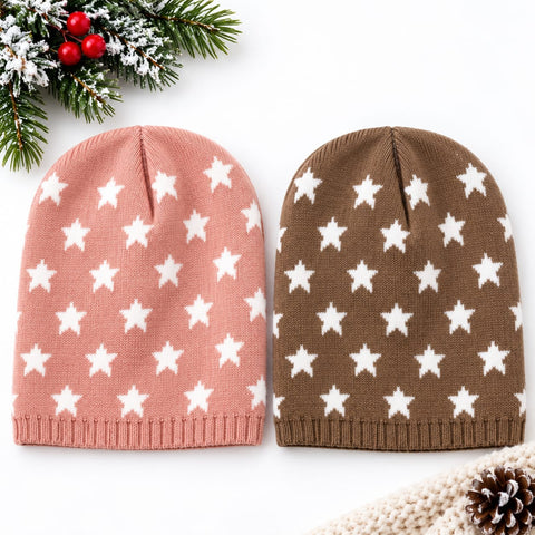 Pack of 2 Woolen Baby Caps –  Choclate & Pink | Stars | 6-18 Months
