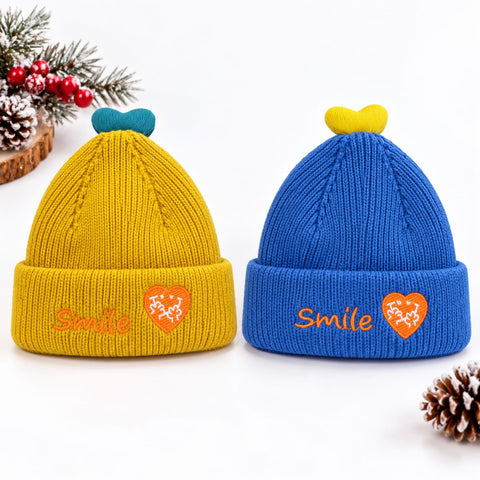 Pack of 2 Woolen Baby Caps –  Blue & Yellow | Smile Heart | 1-3 Years