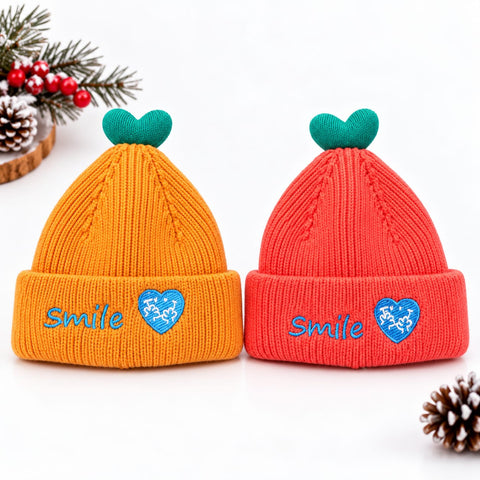 Pack of 2 Woolen Baby Caps –  Peach & Yellow | Smile Heart | 1-3 Years