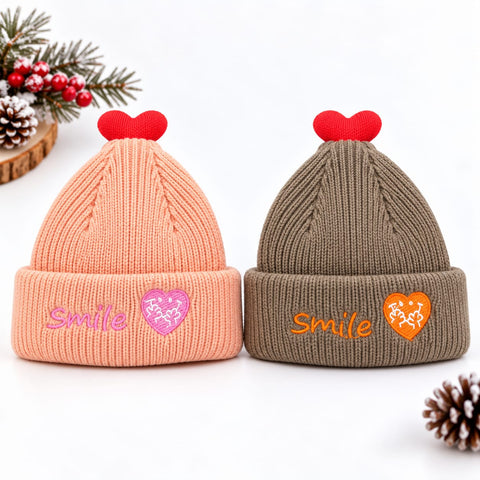 Pack of 2 Woolen Baby Caps –  Brown & Pink | Smile Heart | 1-3 Years