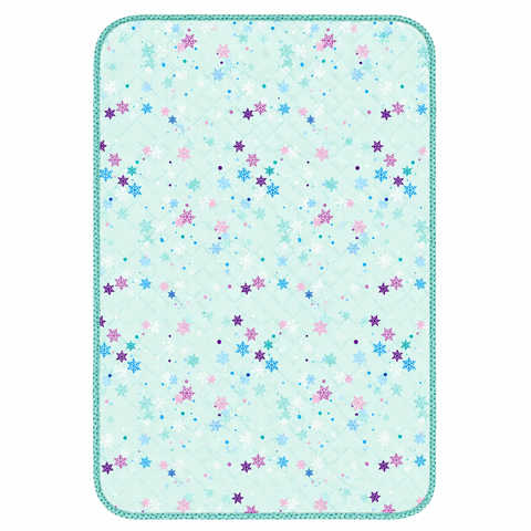 A rectangular quilted baby blanket with a light mint green background, decorated with a scattered pattern of small snowflakes in various colors including blue, pink, purple, and white. It features a stitched border and is shown flat against a solid white background.