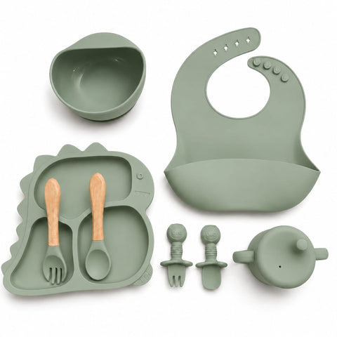 Silicone Baby Cutlery Set - 8 Pieces - Dinosaur - Dark Green