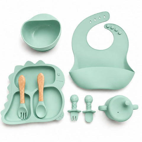 Silicone Baby Cutlery Set - 8 Pieces - Dinosaur - Baby Pink