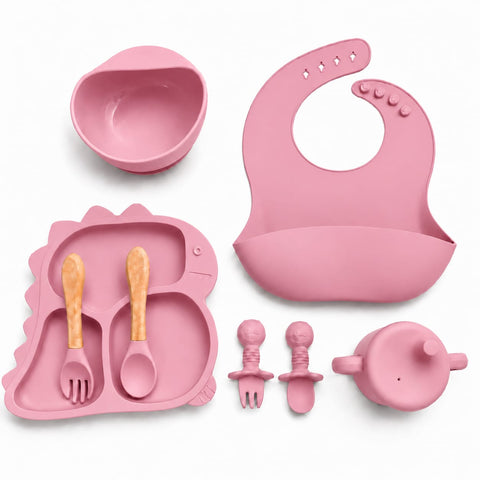 Silicone Baby Cutlery Set - 8 Pieces - Dinosaur - Tea Pink