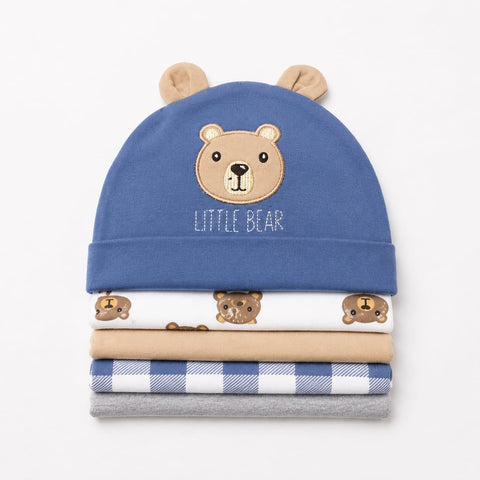 Pack of 5 Caps - Blue - Bear (0-9 Months)