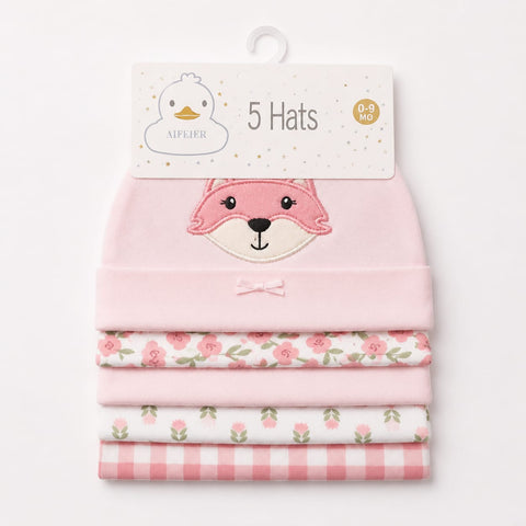 Pack of 5 Caps - Pink - Cat (0-9 Months)