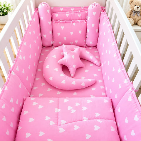 8 Pieces Cot Bedding Set - Pink - Hearts