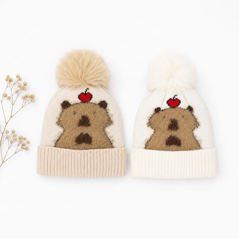 Pack of 2 - Woolen Caps - Off White & Skin - Pom Bear - 26