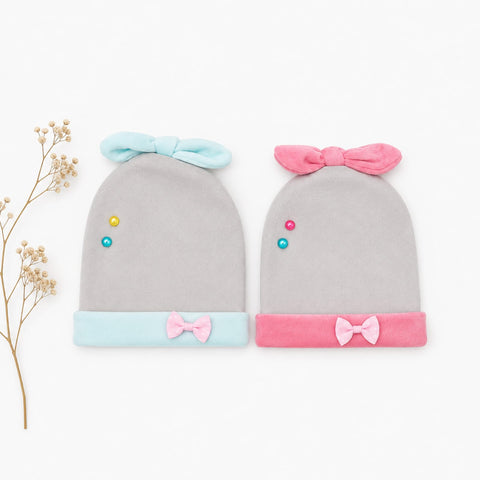 Pack of 2 - Velvet Caps - Pink & Sky - Two Beads Bow - 26