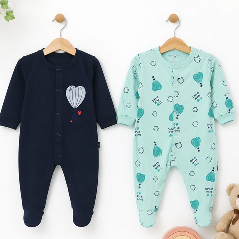 Close Feet Rompers - Pack of 2 - Navy & Aqua - Balloons - TBS