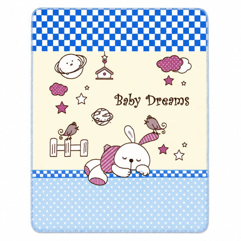 A baby blanket or throw featuring a cute cartoon bunny sleeping on a barbell, surrounded by stars, clouds, and planets on a cream background. The top and bottom borders have blue and white checkered and polka dot patterns, with the text 'Baby Dreams' in the center.