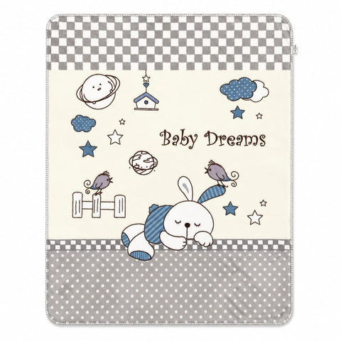 A baby blanket or throw featuring a whimsical space-themed design with the words 'Baby Dreams'. The design includes a white bunny with blue striped socks, stars, clouds, a bird, a moon, and a small house on an off-white background, framed by gray and white checkered and polka-dot borders.