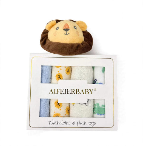 AIFIERBABY baby gift set featuring a plush lion toy peeking out from a white window box containing folded washcloths with sunflower and animal prints.