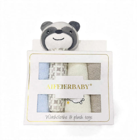 A baby gift set by AIFEIERBABY featuring a plush raccoon toy peeking out of a white box with a clear window showing folded washcloths in blue, gray, cream, and beige.