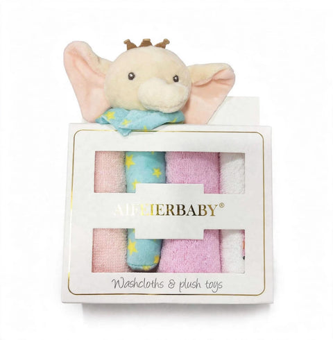 A baby gift set by Alfierbaby containing pastel washcloths and a plush elephant toy peeking out of a white window box. The set includes pink, light blue, and purple washcloths with yellow star patterns, and the elephant plush has a small brown crown and a blue star-patterned scarf.
