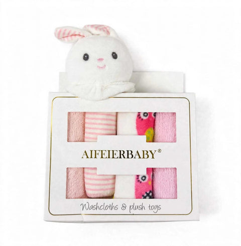 AIFEIFERBABY baby gift set containing pink and white washcloths and a plush white bunny toy, presented in a white window box package.