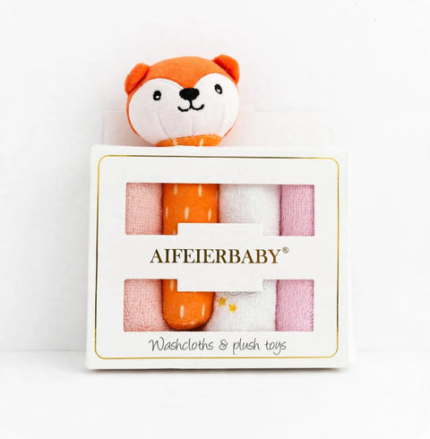 A boxed baby washcloth and plush toy set from AIFEIERBABY, featuring a small orange and white plush fox head on top of a white window box containing folded washcloths in pink, orange, and white.