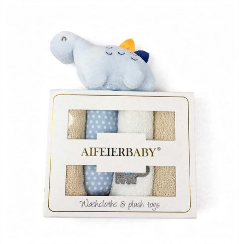 AIFEIFERBABY baby gift set containing a soft blue elephant plush toy and a 4-piece washcloth set in a white window box packaging, shown on a white background.