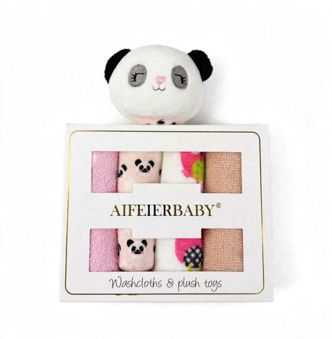 AIFEIFABABY baby washcloth and plush toy gift set on a white background. The set includes a white plush panda toy peeking out from a white window box with gold trim, showing four pink and beige washcloths with panda and floral patterns.