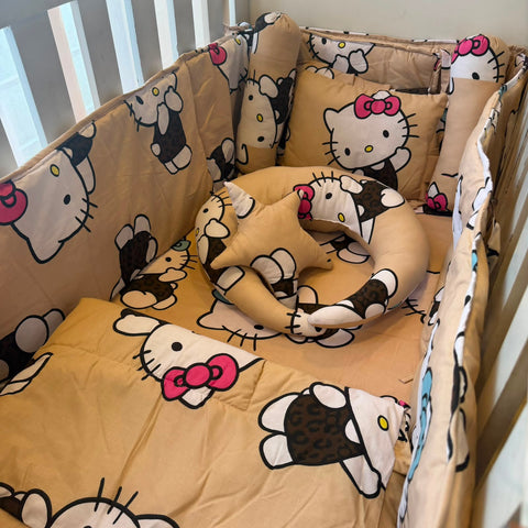 8 Piece Baby Cot Bedding Set Brown Kitty | Complete Cot Bedding Set