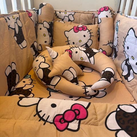 8 Piece Baby Cot Bedding Set Brown Kitty | Complete Cot Bedding Set