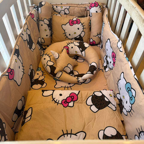 8 Piece Baby Cot Bedding Set Brown Kitty | Complete Cot Bedding Set