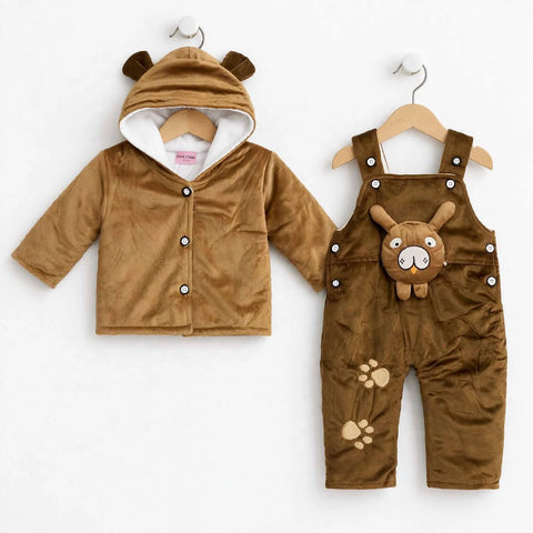 A baby clothing set consisting of a brown hooded cardigan with bear ears and a matching brown overall jumpsuit with a bear face patch and paw prints, displayed on wooden hangers against a white background.