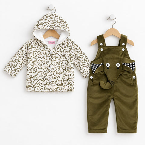 Winter Baby Dungaree Set Green Elephant | Warm & Cozy Baby Outfit
