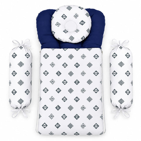 A baby sleep bag set with a navy blue hood, a patterned white body, and two matching cylindrical pillow covers tied with white bows, shown on a plain white background.