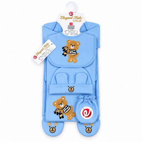 A light blue baby bib set by Elegant Kids by Bella+Canvas, featuring a bib, footmuff, and booties with embroidered teddy bear graphics, shown on a white background with its hanger and tags.