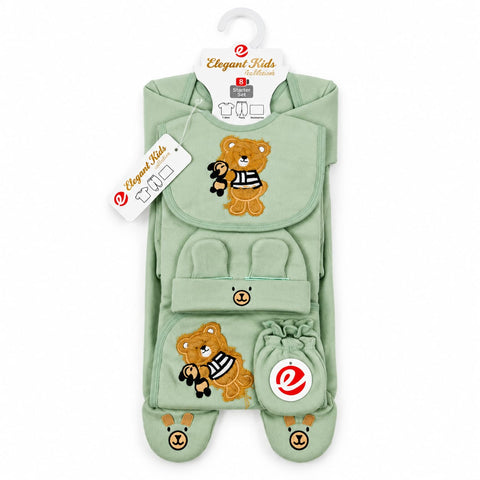 A sage green baby footed one-piece outfit with matching bib and booties, decorated with embroidered teddy bears and displayed on a white hanger against a white background.