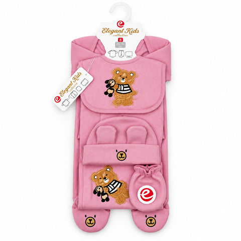 Pink baby footed sleeper set with hood, featuring embroidered teddy bear designs, a matching foot mitt, and a hanger tag from Elegant Kids.