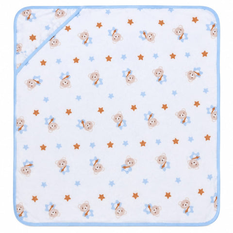A square baby blanket with a white background, featuring a pattern of cute teddy bears wearing orange hats and blue bows, accented with small blue and orange stars. The blanket has a light blue border and a diagonal fold in the top left corner.