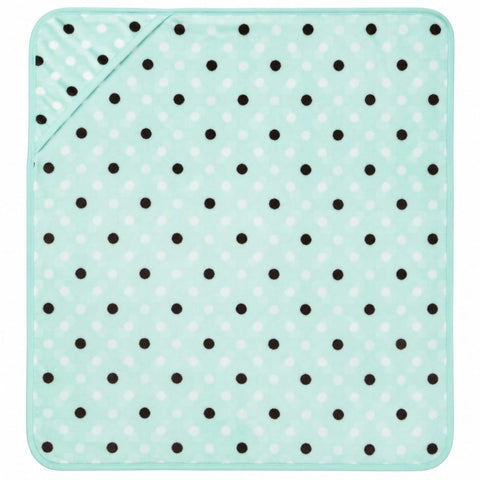 A square baby blanket with rounded corners, featuring a mint green background with a pattern of black and white polka dots, shown flat against a white background.
