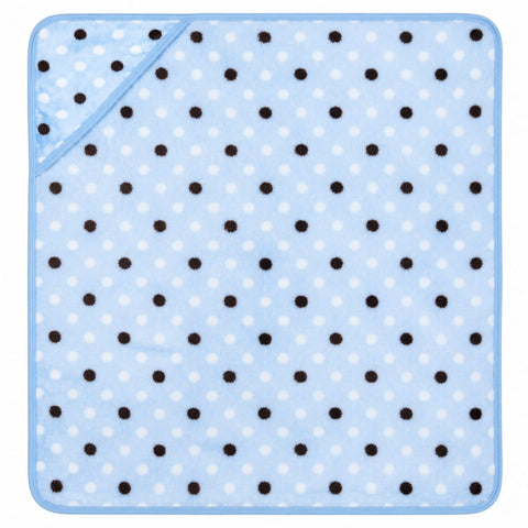 A square baby blanket with a light blue background, featuring a pattern of alternating black and white polka dots, finished with a solid light blue border and a folded hooded corner.
